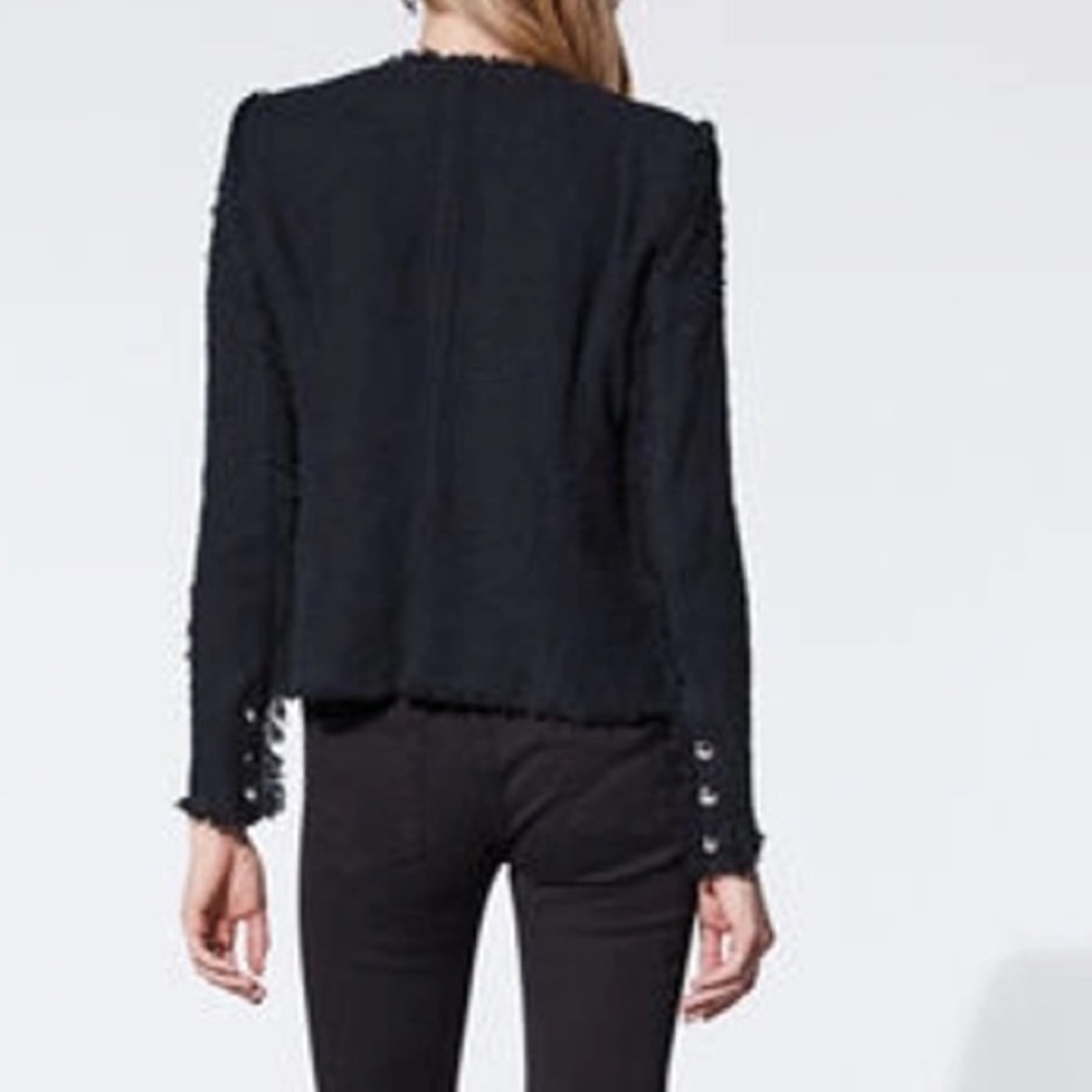 IRO Navy Blue Distressed Tweed Boucle Aggy Button Snap Zipper Jacket Size 8 - Picture 2 of 12